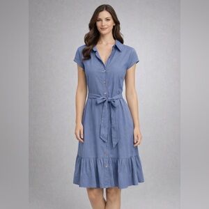 Blue Button-Down Dress with belt.